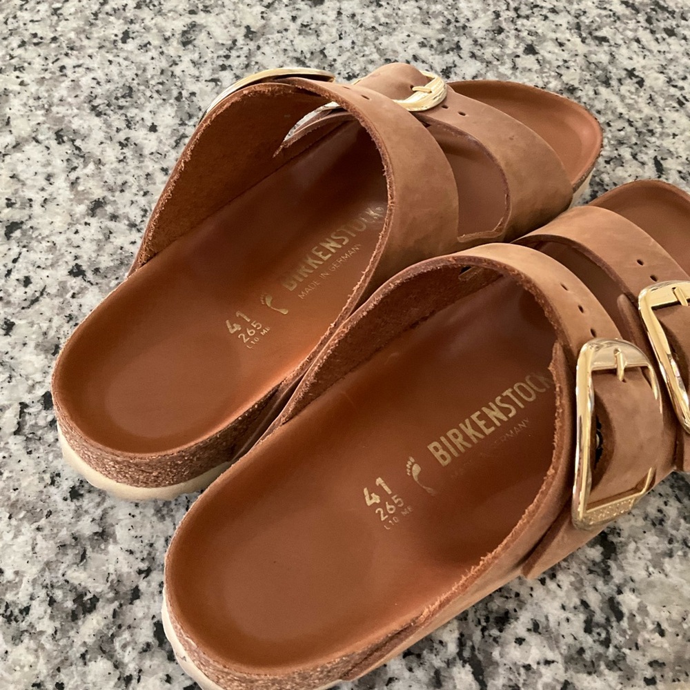 Birkenstock Brown Leather Double Buckle Sandals with Gold Buckles - Picture 2 of 9